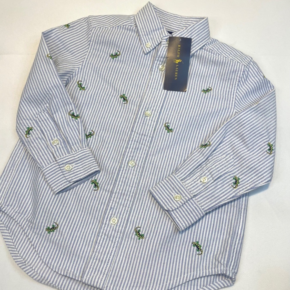 Ralph Lauren Kids‎ Blue White Stripe Lizard Embroidered Button Down Shirt 3/3T - Picture 5 of 11